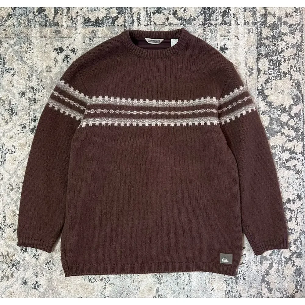 Vintage Quiksilver 100% Wool Men’s Knit Burgandy Fair Isle Crewneck Sweater XL
